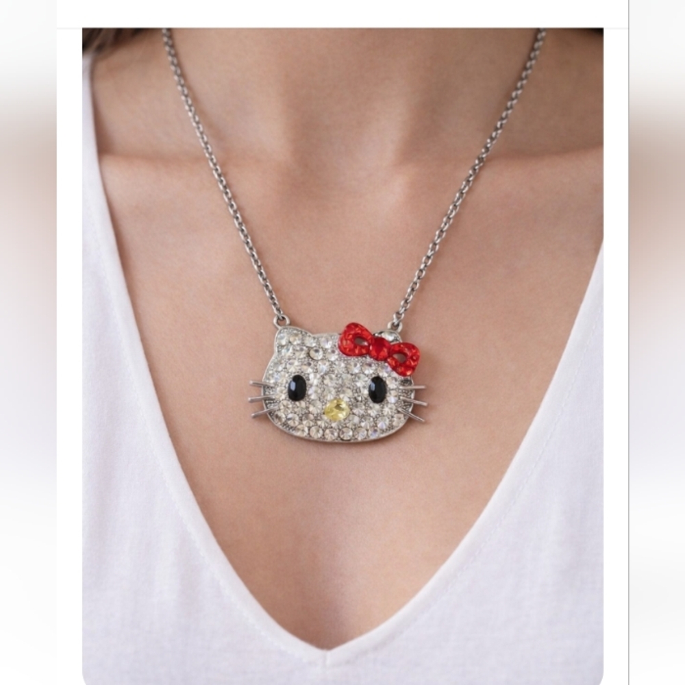 Hello Kitty Style Rhinestone Necklace Silver Tone Pave Crystal Pendant Red Bow